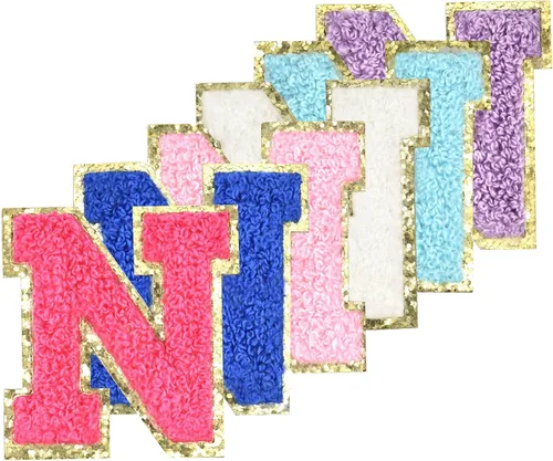 Miniatura 21 de 6 piezas de parches de letras de chenilla autoadhesivas con purpurina para planchar, parches de letras universitarias estilo preppy, letras difusas
