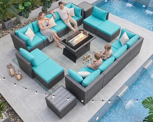 Miniatura 73 de NICESOUL Juego de muebles de patio para exteriores de 7 piezas con mesa para hoguera, gas natural y propano convertible, respaldo alto de 29.3
