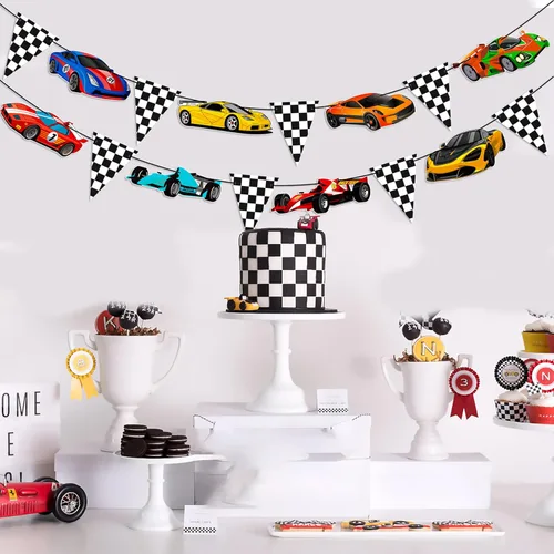 Miniatura 5 de 4 pancartas de fiesta de coches de carreras, decoración de fiesta de coche de carreras, banderines en blanco y negro de carreras de coches