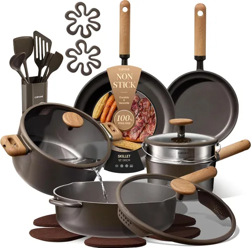 CAROTE Juego de ollas y sartenes antiadherentes, juego de utensilios de cocina de 21 piezas con tapa colador, juego de cocina de inducción con Verde
