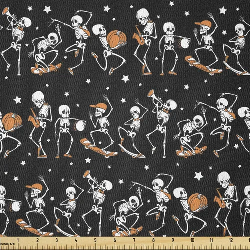 Miniatura 57 de Ambesonne The Yard, tela de calavera colorida con temática de Halloween, diseño de calavera y huesos cruzados, divertido estampado de dibujos