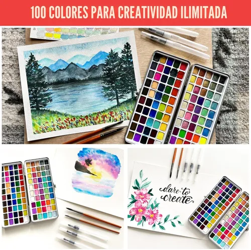 Miniatura 2 de Juego de pintura de acuarela con 100 colores brillantes: para principiantes adultos y profesionales con metálico - Kit de arte de acuarela de viaje
