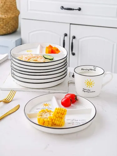 Miniatura 3 de 1 plato de cerámica para control de porciones de dinosaurio, plato dividido para comer racional, plato de postre dividido, plato de ensalada, plato