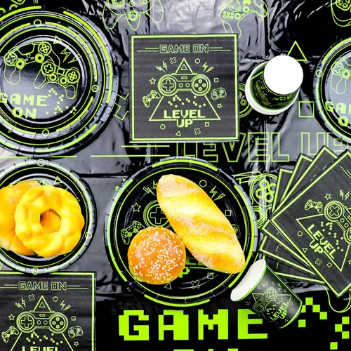 Miniatura 4 de Decoraciones de Fiesta de Videojuegos - 81 Piezas Decoraciones de Cumpleaños Gaming Verdes Incluye Platos Game On, Servilletas, Mantel para Niños