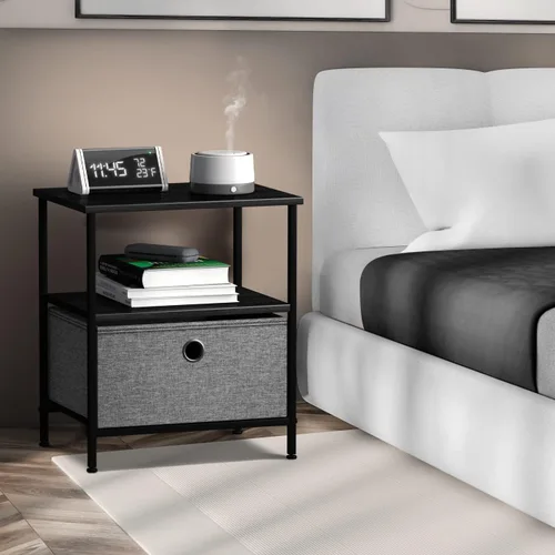 Miniatura 2 de Sorbus Mesita de noche con 1 cajón, mueble de noche y mesa auxiliar con marco de acero, parte superior de madera y contenedores de tela fáciles