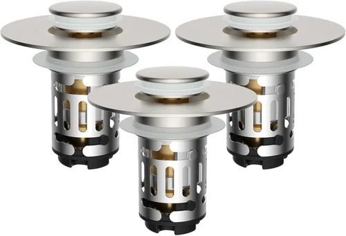 Miniatura 24 de Hibbent Colador de drenaje de lavabo de baño 3 en 1 mejorado, tapón universal desplegable con cesta de filtro de acero inoxidable extraíble atrapa