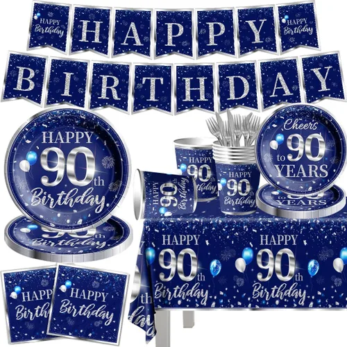 GREHUMOR Juego de 142 piezas para decoración de mesa de cumpleaños número 90, decoración plateada y azul, suministros de fiesta de feliz cumpleaños