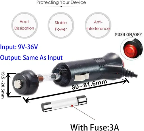 Miniatura 3 de Adaptador de fuente de alimentación para encendedor de cigarrillos de coche 12V/24V, enchufe macho, cable de extensión de 3 m con botón