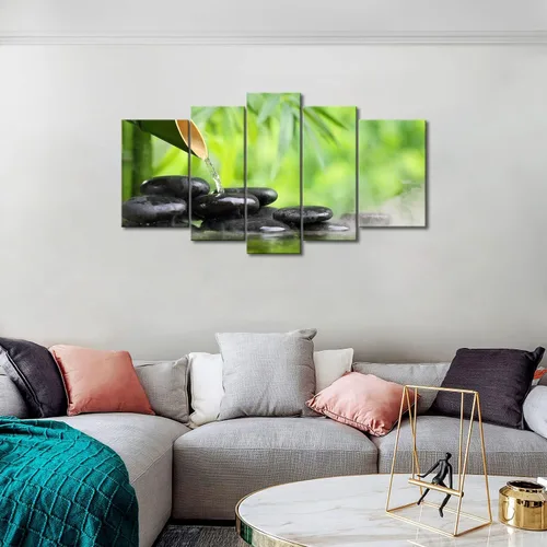 Miniatura 3 de Arte de pared Zen de 5 paneles verde spa bodegón con pintura de bambú la imagen impresión en lienzo imágenes botánicas para decoración del hogar