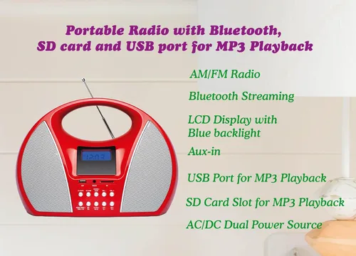 Miniatura 2 de HANNLOMAX Radio AM/FM portátil HX-510R con puerto USB/SD para reproducción de MP3, Bluetooth y entrada auxiliar (rojo)