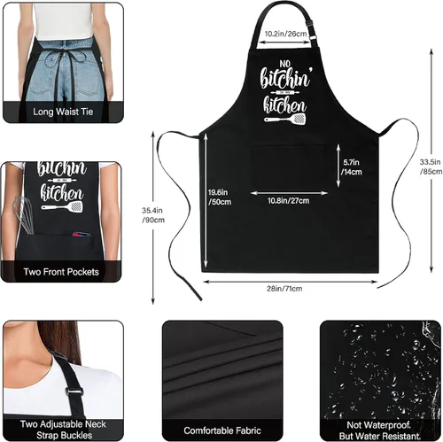 Miniatura 3 de Xornis Delantal de Algodón 100% Divertido con 2 Bolsillos para Hombres y Mujeres, BBQ, Asado, Babero Ajustable, Delantales Negros, Regalos, Cocina