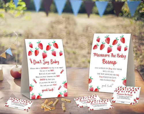 Miniatura 3 de QOFO 2 juegos de fresa para baby shower, no digas juegos de pinzas para la ropa, mide la panza del bebé, decoraciones de baby shower, juego de baby