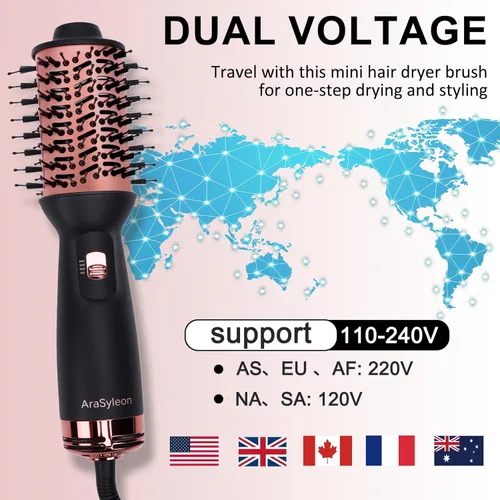 Miniatura 2 de Cepillo secador de pelo de viaje, mini secadora de doble voltaje (100-240 V), viajes internacionales europeos, 3 ajustes ajustables, peine y seca