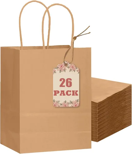 Miniatura 13 de qiqee 100 bolsas de regalo de papel de tamaño mediano con asas a granel de 7.6 x 4.75 x 10.5 pulgadas, bolsas de regalo marrones para múltiples usos