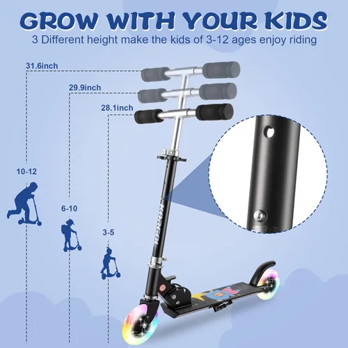 Miniatura 2 de Patinete para niños de 3 a 12 años – Patinete para niños con ruedas de luz LED y manubrio ajustable de 3 niveles, ligero y plegable de 2 ruedas