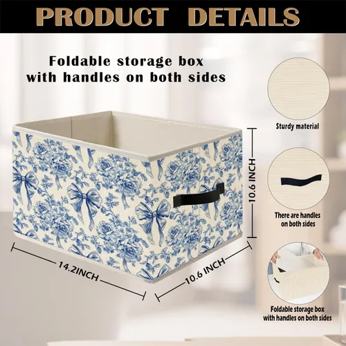 Miniatura 7 de Caja de almacenamiento de lazo floral azul y blanco con asas, cesta organizadora plegable de flores de estilo francés Toile de Jouy, caja