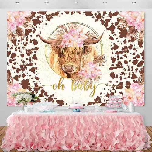 Miniatura 4 de Sensfun Fondo de vaca de las tierras altas para baby shower, decoración de fiesta de vaca sagrada Oh bebé, rosa, bohemio, floral, marrón, granja