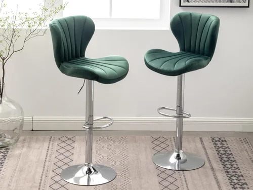 Miniatura 9 de Shell - Juego de 2 taburetes de bar giratorios ajustables con chasis plateado, silla de bar de terciopelo con respaldo medio, taburete de encimera