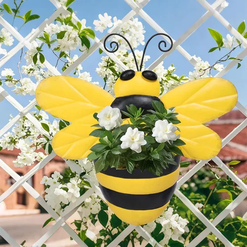 Miniatura 5 de Macetero de Pared de Metal Abeja Maceteros de Pared Montados Maceta Pequeña con Drenaje para Interior Exterior Macetero Colgante Estilo Granja