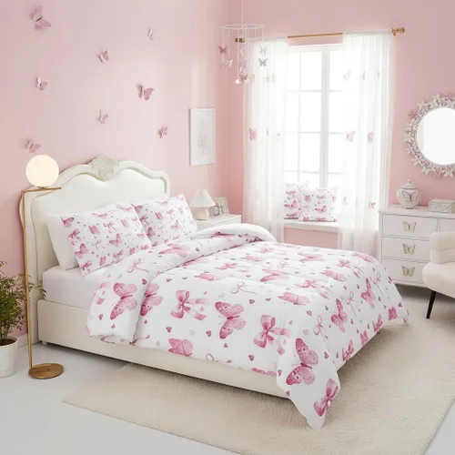 Miniatura 2 de QOOMO Juego de edredón de 3 piezas con diseño de mariposa de dibujos animados, tamaño individual, bonito juego de ropa de cama con lazo