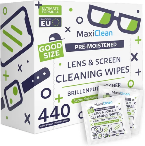 MAXI CLEAN Paquete de 440 toallitas para lentes de anteojos prehumedecidas, envueltas individualmente, limpieza sin rayas para anteojos y pantallas