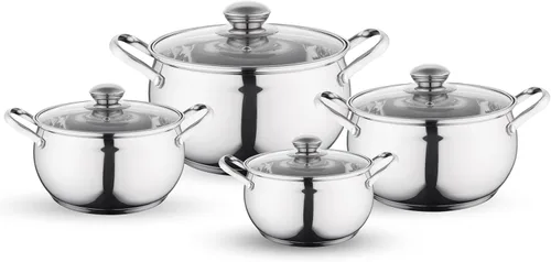 FLORINA Maron - Juego de ollas de cocina de 8 piezas, hechas de acero inoxidable de alta calidad, ollas con tapa de vidrio y taza medidora, aptas