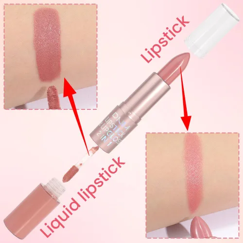 Miniatura 4 de evpct Juego de lápiz labial y brillo de labios 2 en 1 con purpurina color rosa nude metálico brillante para mujeres, de larga duración, impermeable