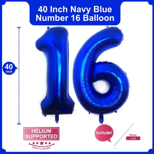 Miniatura 2 de Globo azul marino de 40 pulgadas con el número 16 de 61 dígitos gigantes, helio azul oscuro para fiesta de cumpleaños 16, decoraciones de Azul