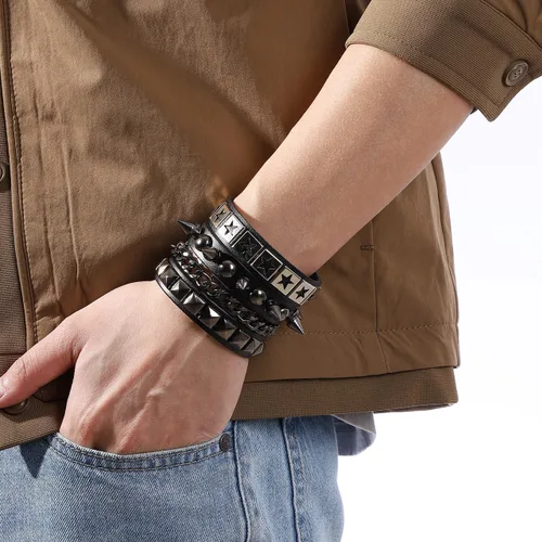 Miniatura 3 de Eigso Pulseras de cuero punk rock para hombres y mujeres, estilo retro, vintage, cadena de los años 80, para hombre y mujer