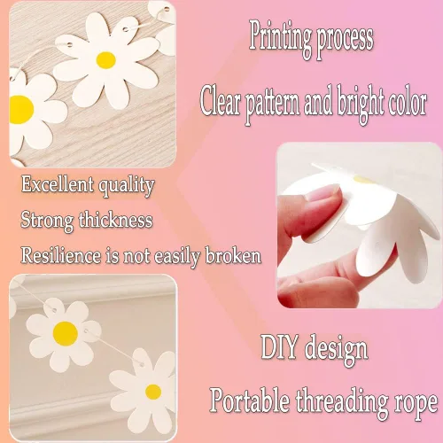 Miniatura 7 de Paquete de 3 pancartas de margaritas rosadas, decoraciones únicas de margaritas florales, guirnalda de margaritas florales, decoración de papel
