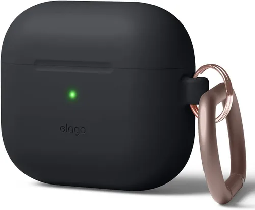 elago Funda de silicona compatible con AirPods de tercera generación, compatible con AirPods 3, mosquetón incluido, soporta carga inalámbrica, Negro