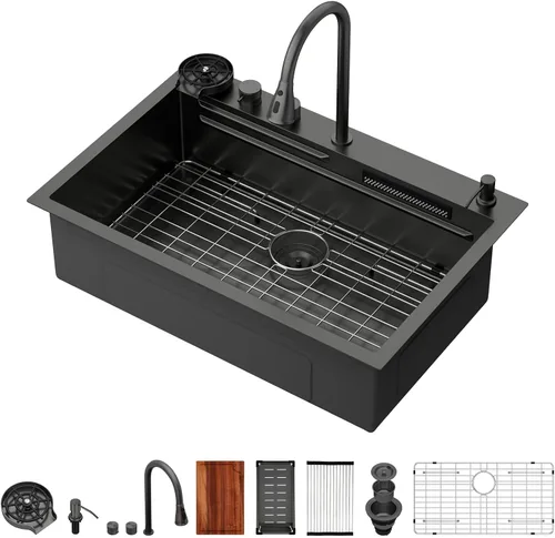 Miniatura 9 de Logmey Fregadero de cocina negro 33x22 empotrable, estación de trabajo de fregadero de cocina, SUS304 calibre 16 acero inoxidable, tazón individual