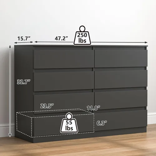 Miniatura 3 de Vibe & Dine Cómoda doble de 8 cajones, cómoda de madera moderna con amplio almacenamiento para armario, dormitorio, sala de estar, color negro