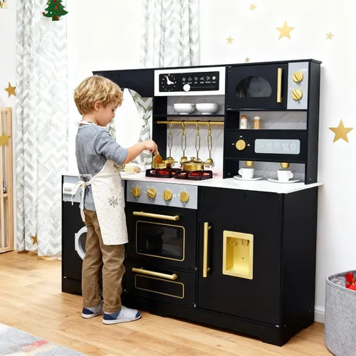 Miniatura 3 de Cocina de juego de madera con luz y sonido, fregadero de juguetes y dispensador de agua con agua corriente, juego de cocina grande para niños Negro