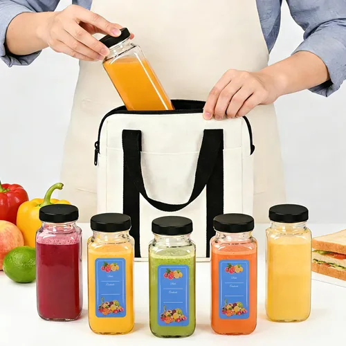 Miniatura 7 de Botellas de vidrio de 8 onzas con tapas, paquete de 16 recipientes reutilizables para jugo con cepillo de limpieza, botellas de agua de vidrio
