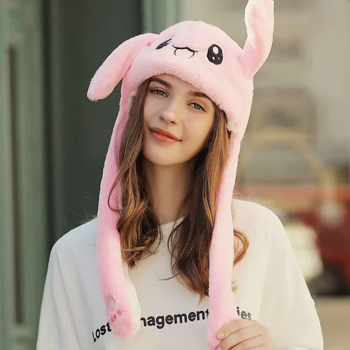 Miniatura 4 de Sombrero de conejo con orejas que se mueven de umbresen, sombrero de conejo de peluche divertido para niños Rosa