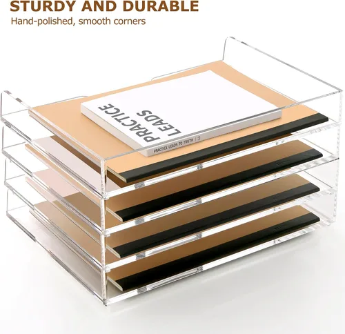 Miniatura 8 de Paquete de 2 bandejas apilables de papel para cartas, organizador de escritorio de archivos A4 ampliado, organizador de escritorio de acrílico