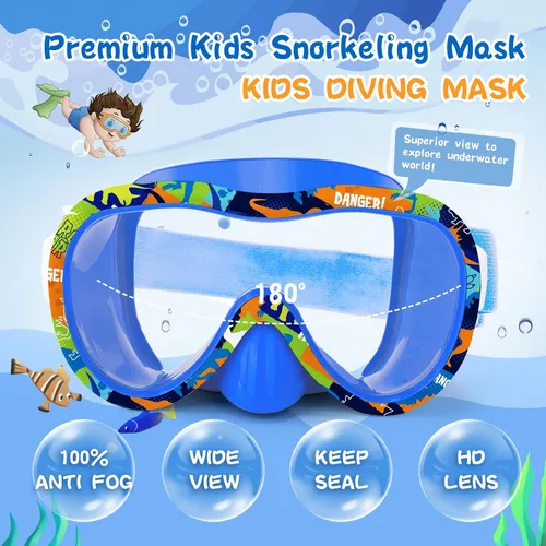 Miniatura 2 de Gafas de natación para niños con cubierta para la nariz, máscara de esnórquel panorámica de 180° con diseño antivaho y antifugas, correa de tela