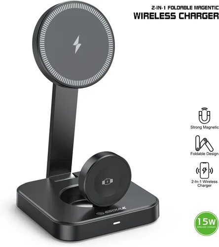 Miniatura 3 de Cargador inalámbrico 2 en 1 para iPhone y reloj, carga rápida de 15 W para teléfono y 5 W para reloj, soporte de cargador inalámbrico magnético