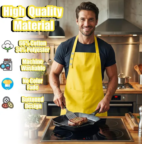 Miniatura 3 de TOSHE Delantal de cocina de algodón resistente a las gotas de agua con delantales ajustables para mujer con bolsillos, 10 opciones de color, Amarillo