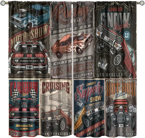 Cortinas vintage para decoración del hogar, diseño de ruta 66, diseño medieval de vehículo de motor antiguo, con patrón de retazos, tratamiento de