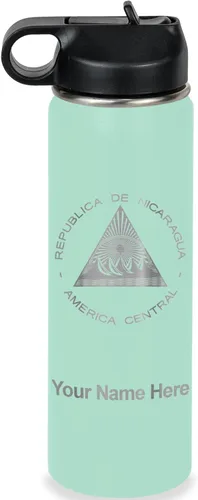 Miniatura 54 de LaserGram Botella de agua personalizada, bandera de Nicaragua, acero inoxidable de doble pared aislada al vacío con popote superior, regalo grabado