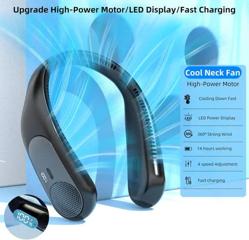Miniatura 3 de Ventilador de cuello portátil, ventilador personal sin aspas, pantalla LED, 4 velocidades, recargable por USB de 6000 mAh, viento de enfriamiento