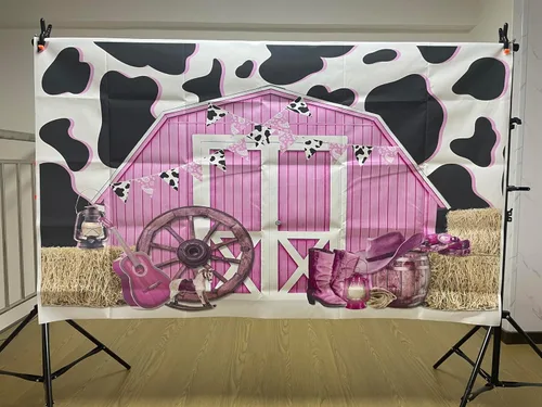 Miniatura 3 de Telón de fondo de cumpleaños de vaquera, 5 x 3 pies, color rosa, para fiesta de cumpleaños, granero, granero occidental, fondo de granero, ducha