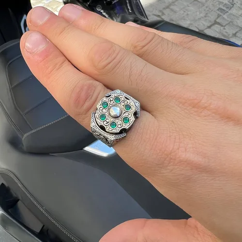 Miniatura 7 de Men Handmade Emerald Stone Ring, Rotating Split Ring, Micro Stone Ring, Ottoman Style Silver Ring, 925k Sterling Silver Ring