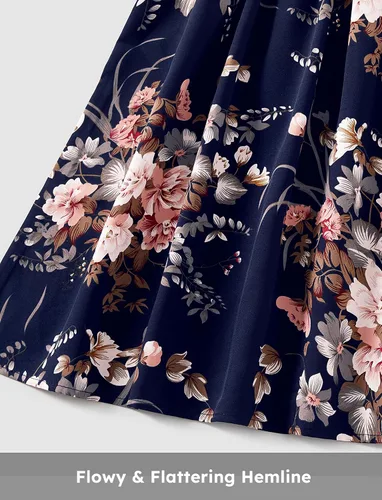 Miniatura 4 de PATPAT Conjuntos familiares a juego para mamá y yo, vestidos tropicales bohemios florales sin mangas, vestidos largos y camisetas a juego, Azul