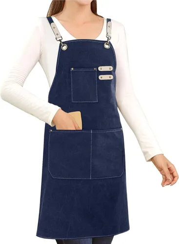 Miniatura 10 de Delantal de lona de algodón con espalda cruzada para pintar, jardinería, chef, barman, trabajo, impermeable, ajustable, con 3 bolsillos