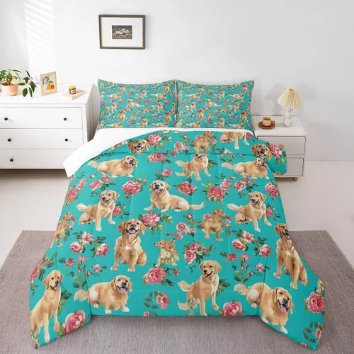 Miniatura 8 de Erosebridal Lindo juego de edredón de perro Corgi para niños y niñas, juego de ropa de cama romántico de flores rosas tamaño individual, edredón