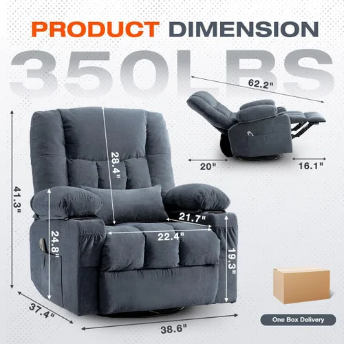 Miniatura 2 de Silla reclinable giratoria para adultos, reclinable mecedora con masaje por vibración y calor lumbar, mecedora ergonómica con bolsillo lateral, 2