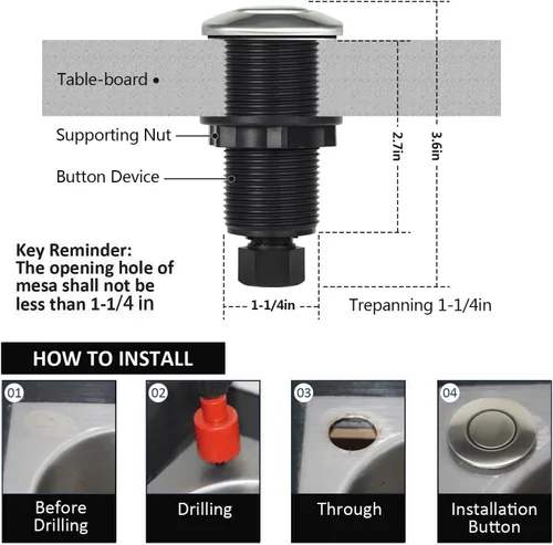Miniatura 5 de Kit de interruptor de aire para eliminación de basura con botón de aire largo de níquel cepillado de acero inoxidable briidea Acero inoxidable